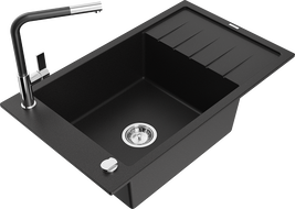 Mexen Elias еднокоморна гранитна мивка с капковник и кухненски смесител Flora, черен - 6511-77-670401-07