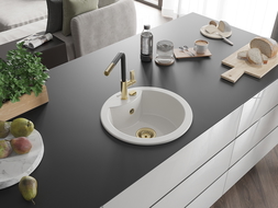 Mexen Diego мивка от гранит с 1 камера и кухненски смесител Flora, бял - 6512-20-670401-57-G