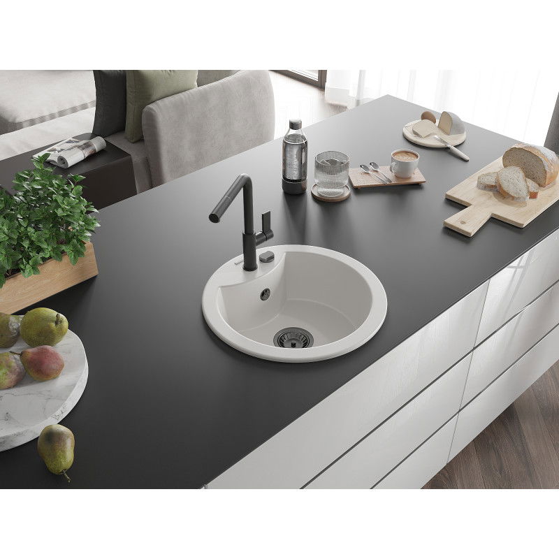 Mexen Diego еднокамерен гранитен мивка с кухненски смесител Flora, бял - 6512-20-670401-70-B