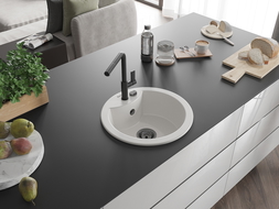 Mexen Diego еднокамерен гранитен мивка с кухненски смесител Flora, бял - 6512-20-670401-70-B