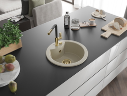 Mexen Diego гранитна мивка с 1 камера с кухненски смесител Flora, бежов - 6512-69-670401-57-G