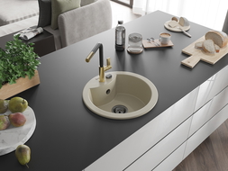 Mexen Diego мивка от гранит с 1 отделение с кухненски смесител Flora, бежов - 6512-69-670401-57-B