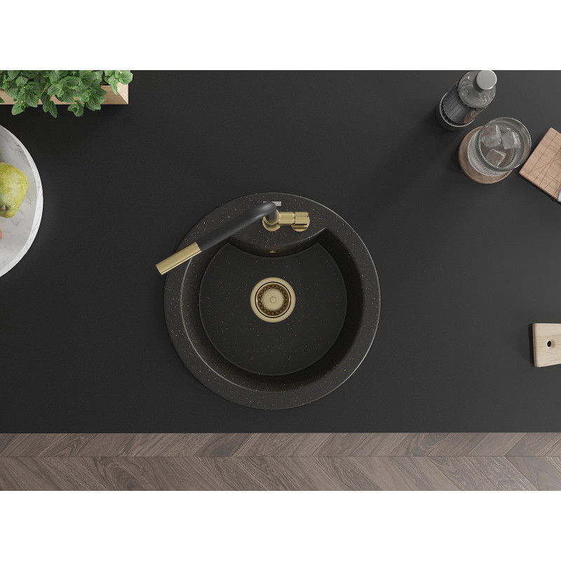 Mexen Diego гранитна мивка с 1 отделение и кухненски смесител Flora, черен/златен металик - 6512-75-670401-57-G