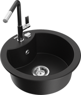 Mexen Diego гранитна мивка 1-коморна с кухненски смесител Flora, черен - 6512-77-670401-07