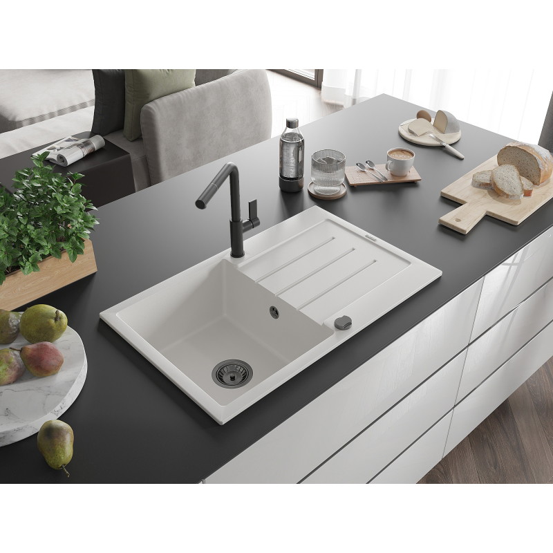 Mexen Bruno гранитна кухненска мивка с 1 отделение и аксесоари Flora, бяла