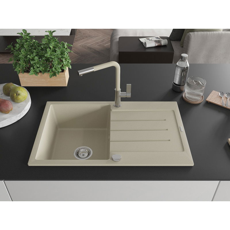 Mexen Bruno гранитна мивка с 1 отделение с отцедник и кухненски смесител Flora, бежов - 6513-69-670401-09