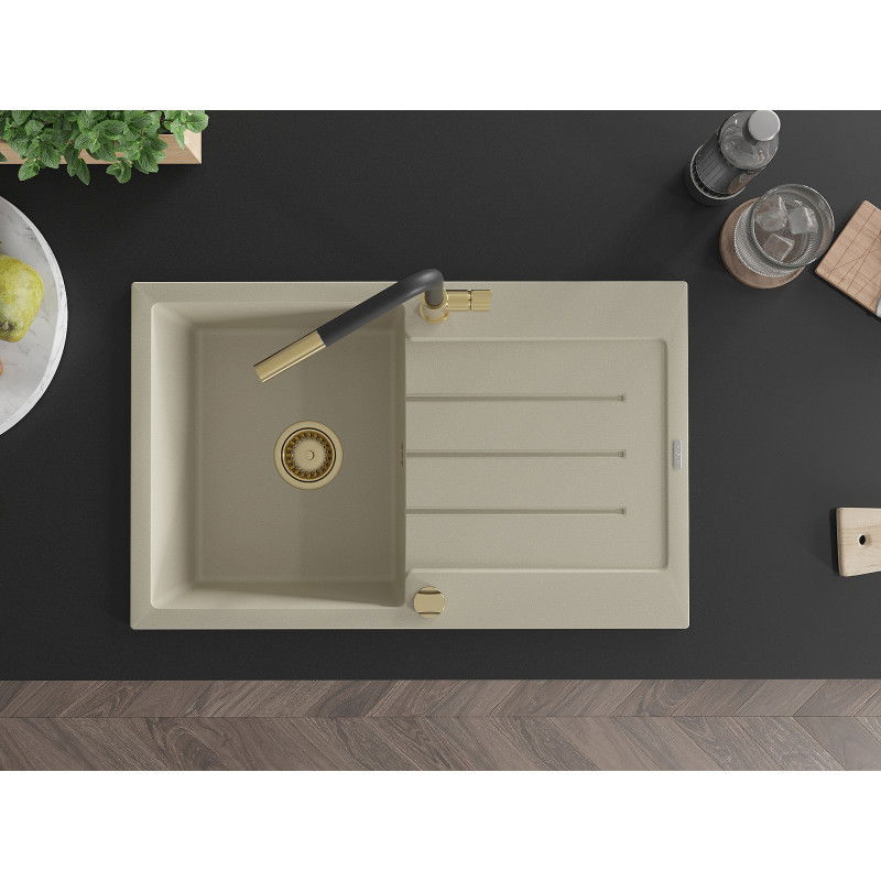 Mexen Bruno гранитна мивка с една камера с отцедник и кухненски смесител Flora, бежов - 6513-69-670401-57-G