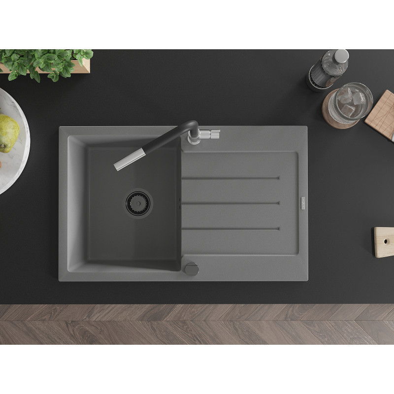 Mexen Bruno гранитна мивка с 1 корито с отцедник и кухненски смесител Flora, сив - 6513-71-670401-07-B