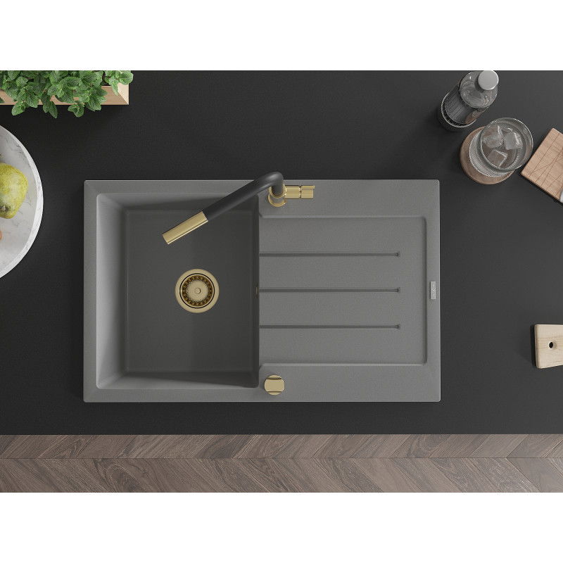 Mexen Bruno гранитна кухненска мивка с 1 корито с отцедник и кухненски смесител Flora, сив - 6513-71-670401-57-G