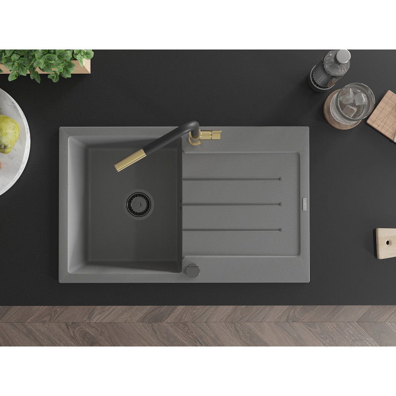 Mexen Bruno гранитна мивка с 1 отделение с отцедник и кухненски смесител Flora, сив - 6513-71-670401-57-B