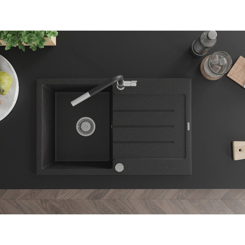 Mexen Bruno гранитна мивка с 1 корито с отцедник и кухненски смесител Flora, черно/сребрист металик - 6513-73-670401-07