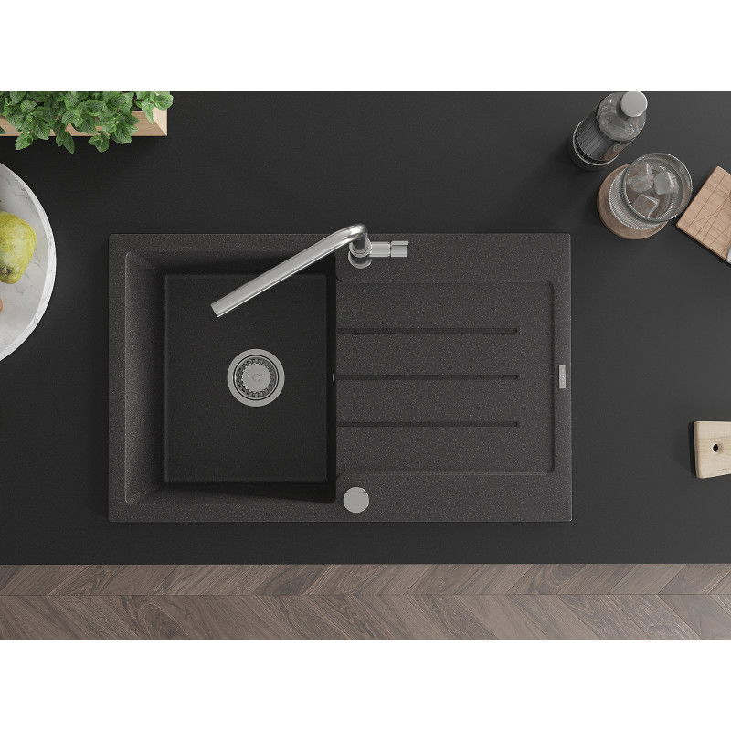 Mexen Bruno гранитна мивка с 1 камера, сушилник и кухненски смесител Flora, черна на точки - 6513-76-670401-00