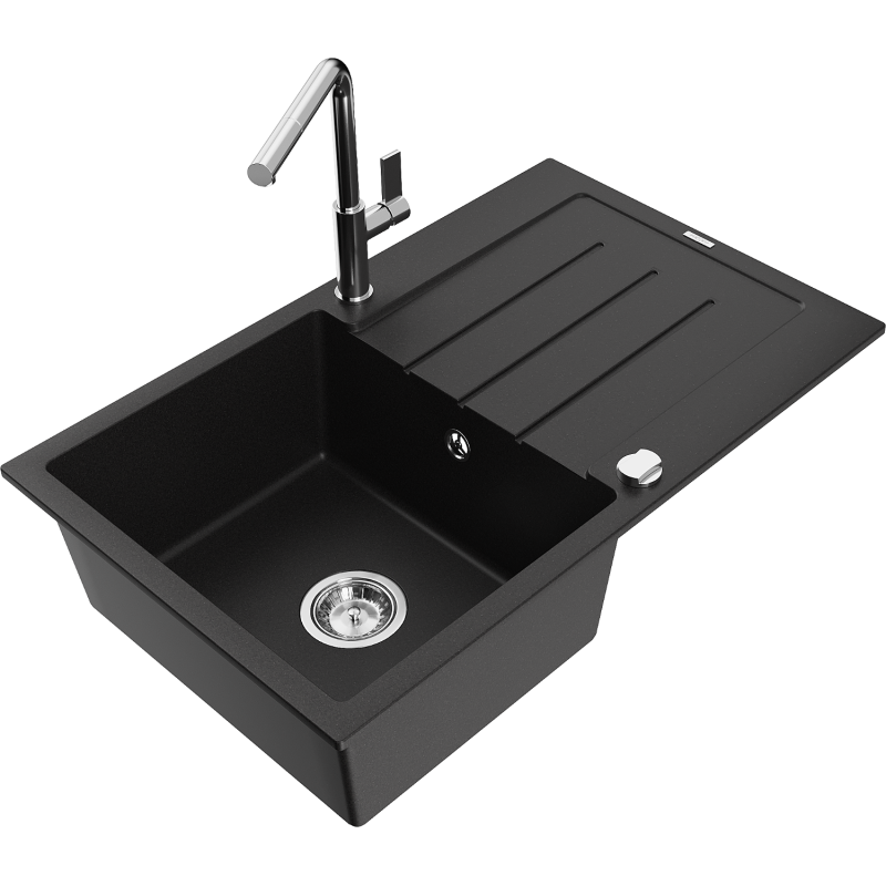 Mexen Bruno гранитна мивка с 1 камера с отцедник и кухненски смесител Flora,