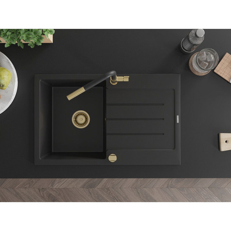 Mexen Bruno гранитна мивка с 1 отделение с отцедник и кухненски смесител Flora, черен - 6513-77-670401-57-G