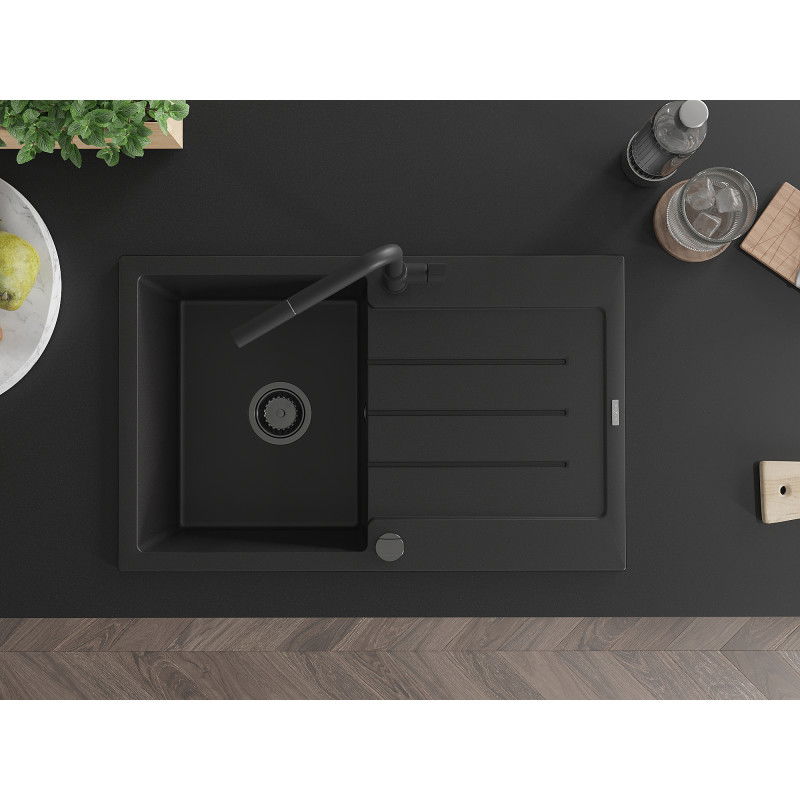 Mexen Bruno гранитна мивка с 1 отделение с отцедник и кухненски смесител Flora, черен - 6513-77-670401-70-B