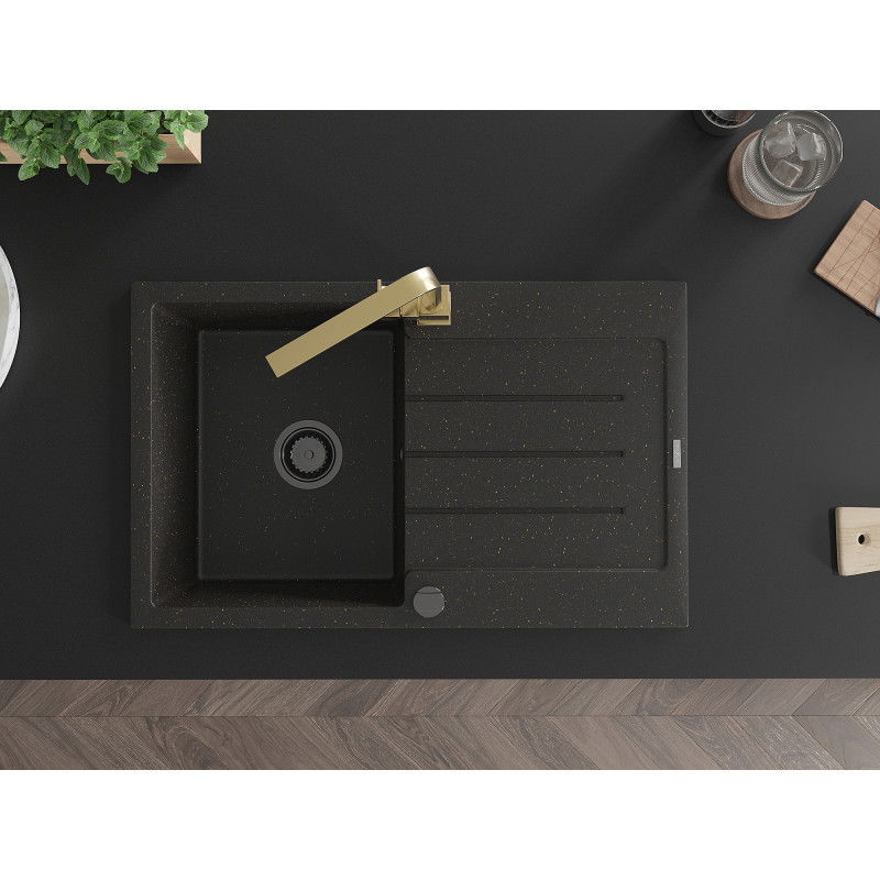 Mexen Bruno гранитна мивка с 1 камера и отцедник, с кухненски смесител Rita, черен/златист металик - 6513-75-670300-50-B