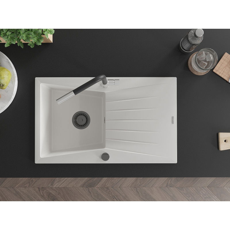 Mexen Cesar гранитна мивка с 1 отделение с отцедник и кухненски кран Flora, бял - 6514-20-670401-07-B