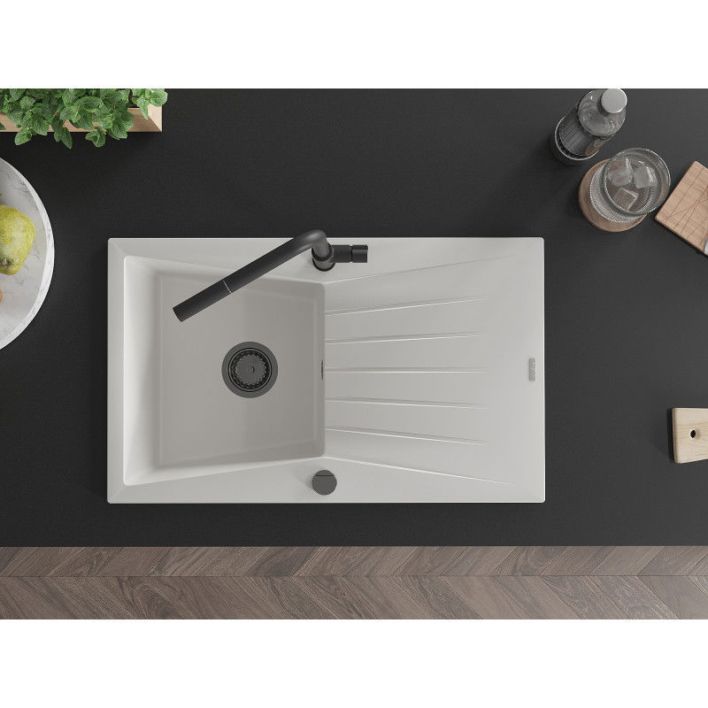 Mexen Cesar гранитна мивка с 1 отделение с отцедник и кухненски смесител Flora, бял - 6514-20-670401-70-B