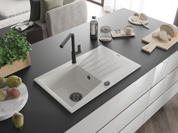 Mexen Cesar гранитна мивка с 1 отделение с отцедник и кухненски смесител Flora, бял - 6514-20-670401-70-B