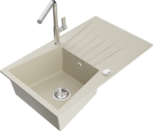 Mexen Cesar кухненска мивка от гранит с 1 камера с отцеждач и кухненски смесител Flora, бежов - 6514-69-670401-00