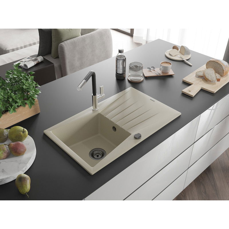 Mexen Cesar гранитна кухненска мивка с 1 корито с отцедник и кухненски смесител Flora, бежов - 6514-69-670401-07-B