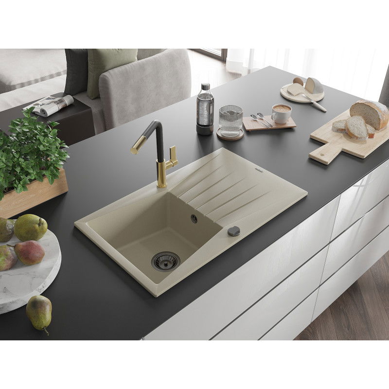 Mexen Cesar Гранитна кухненска мивка с 1 отделение с отцедник и кухненски смесител Flora, бежов - 6514-69-670401-57-B