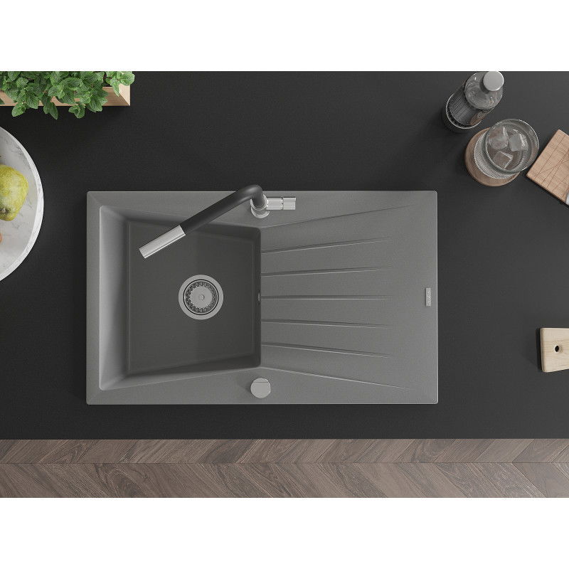 Mexen Cesar кухненска мивка от гранит с 1 отделение с отцедник и кухненски смесител Flora, сив - 6514-71-670401-07