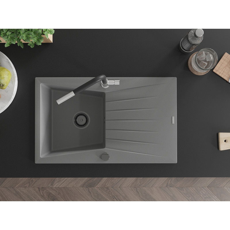 Mexen Cesar градинен мивка 1-камерна с отцедник и кухненски смесител Flora, сив - 6514-71-670401-07-B