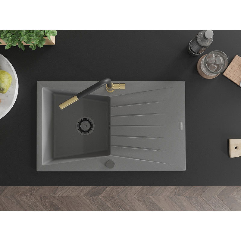 Mexen Cesar гранитна мивка с 1 отделение с дренаж и кухненски смесител Flora, сив - 6514-71-670401-57-B