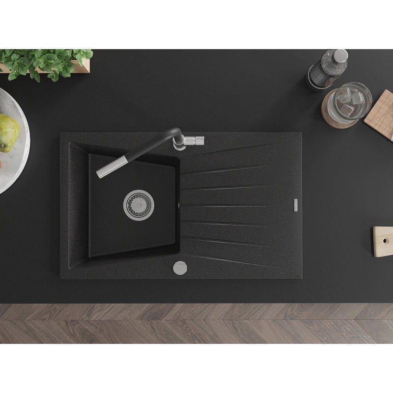 Mexen Cesar гранитна мивка с 1 отделение с отцедник и кухненски смесител Flora, черен/сребрист металик - 6514-73-670401-07