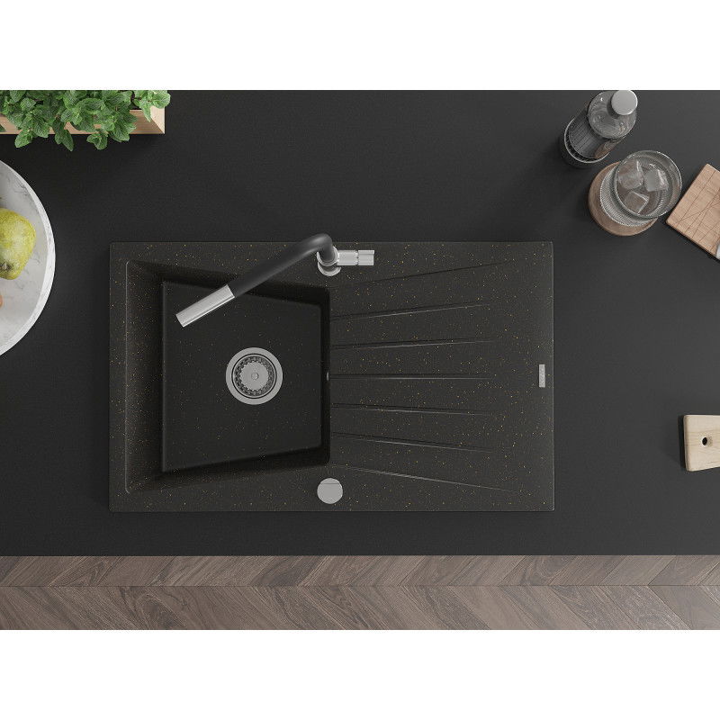 Mexen Cesar гранитна мивка с 1 отделение с отцеждач и кухненски смесител Flora, черен/златист металик - 6514-75-670401-07