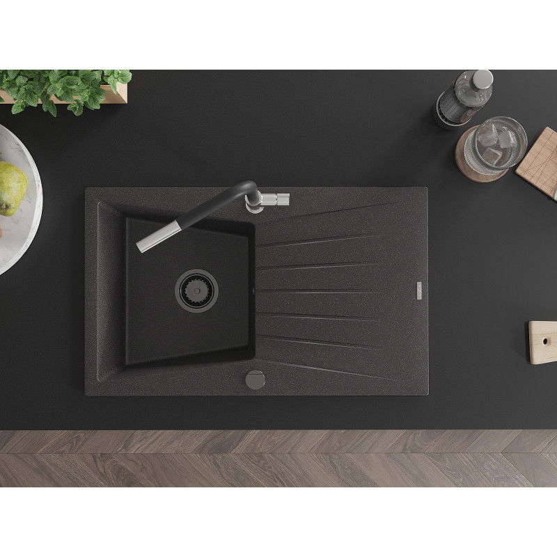 Mexen Cesar гранитна мивка с една камера и отцедник и кухненски смесител Flora, черен на пръски - 6514-76-670401-07-B