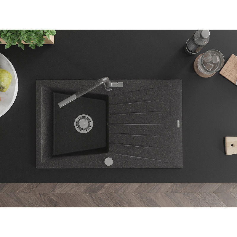 Mexen Cesar гранитна кухненска мивка с 1 корито с отцедник и смесител Flora, черен на пръски - 6514-76-670401-08