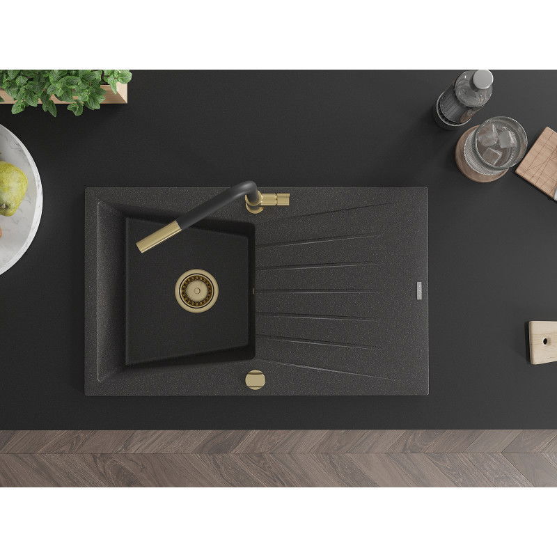 Mexen Cesar гранитна мивка с 1 камера с отцедник и кухненски смесител Flora, черен с пръски - 6514-76-670401-57-G
