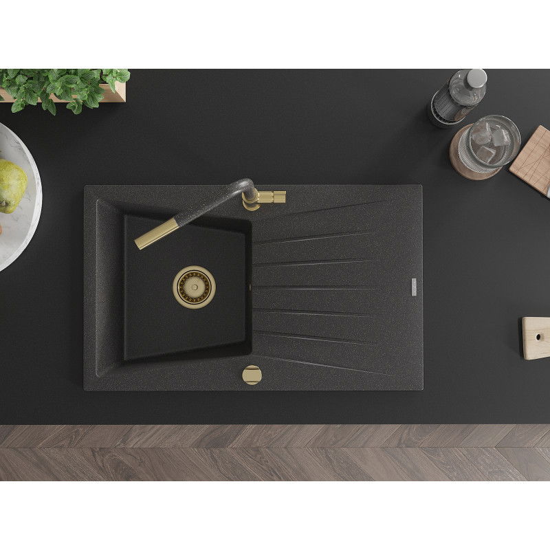 Mexen Cesar кухненска мивка от гранит с 1 отделение с отцедник и кухненски смесител Flora, черен на точки - 6514-76-670401-75-G