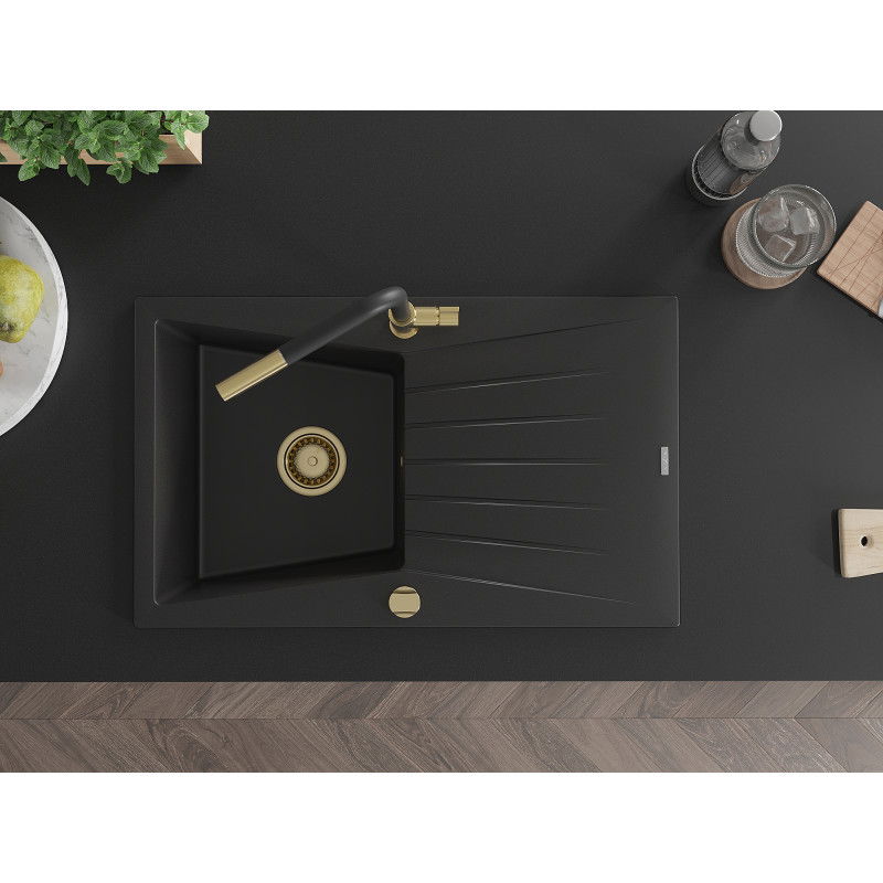 Mexen Cesar мивка от гранит с 1 отделение и сифон, с кухненски смесител Flora, черен - 6514-77-670401-57-G