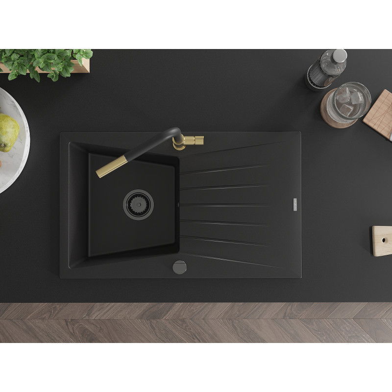 Mexen Cesar гранитна мивка с 1 камера с отцедник и кухненски смесител Flora, черен - 6514-77-670401-57-B