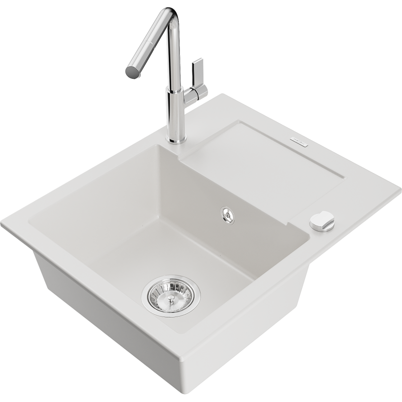 Mexen Enzo гранитна кухненска мивка с 1 корито с отцедник и кухненски смесител Flora, бял - 6506-20-670401-00