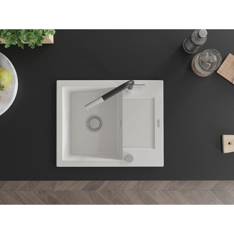 Mexen Enzo градинен мивка 1-камерна с отцедник и кухненски смесител Flora, бял - 6506-20-670401-07