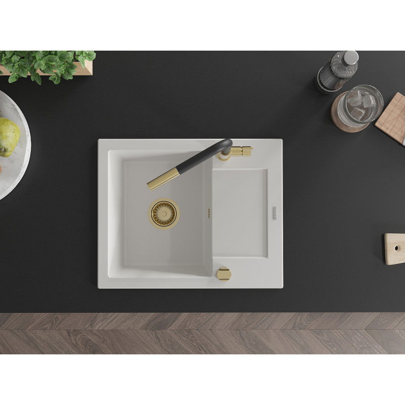 Mexen Enzo мивка за кухня с една камера и с отцедник и кухненски смесител Flora, бял - 6506-20-670401-57-G
