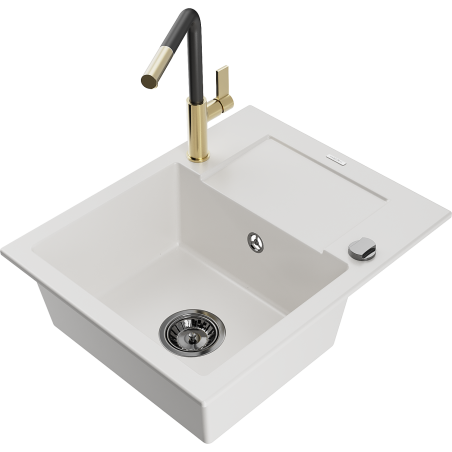 Mexen Enzo гранитна мивка с 1 камера с отцедник и кухненски смесител Flora,