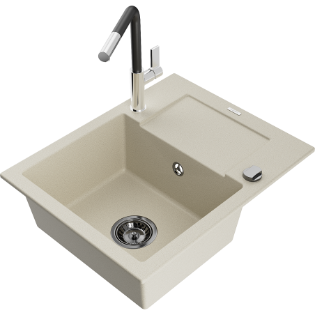 Mexen Enzo гранитна мивка 1-компонентна с отцедник и кухненски смесител Flora, бежова - 6506-69-670401-07-B