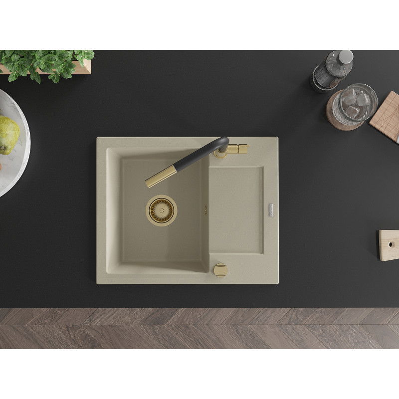 Mexen Enzo мивка от гранит с 1 отделение и отцедник и кухненски смесител Flora, бежов - 6506-69-670401-57-G
