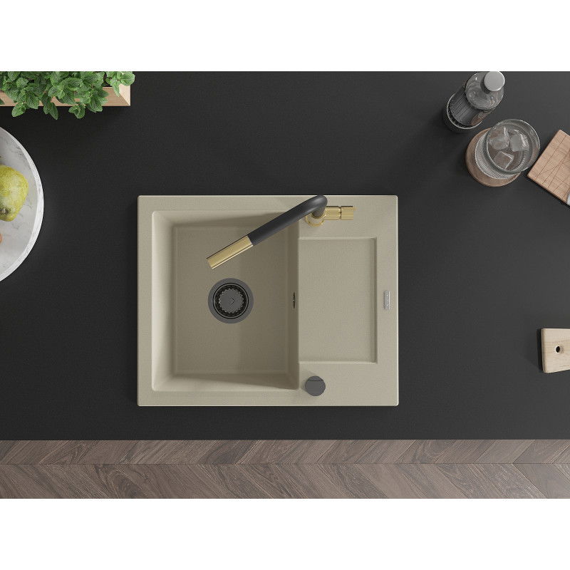 Mexen Enzo гранитна мивка с една камера с отцеждач и кухненски смесител Flora, бежов - 6506-69-670401-57-B
