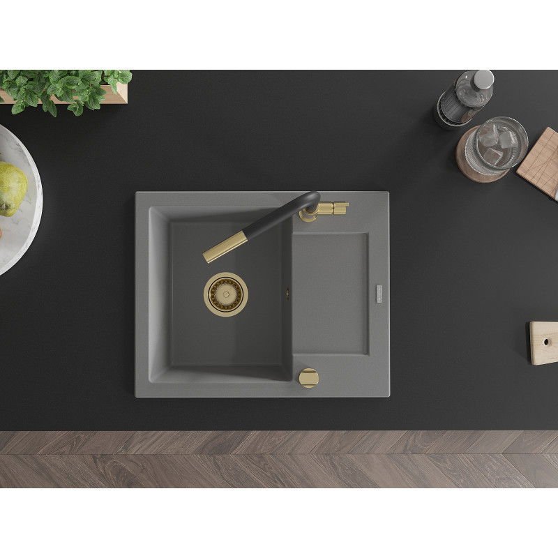 Mexen Enzo мивка гранитна 1-камерна с отцедник и кухненски смесител Flora, сив - 6506-71-670401-57-G
