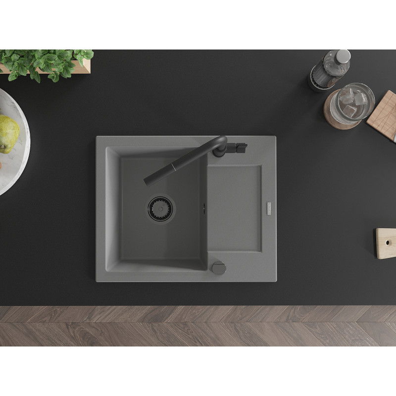 Mexen Enzo гранитна кухненска мивка 1-коморна с отцедник и кухненски смесител Flora, сива - 6506-71-670401-70-B