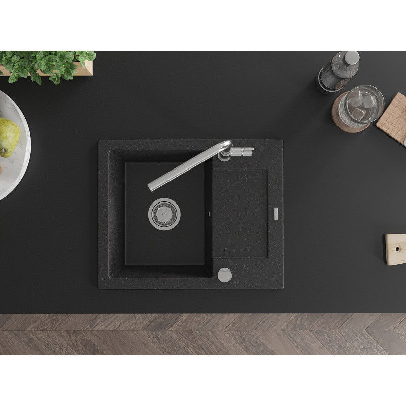 Mexen Enzo мивка от гранит 1-камерна с отцеждател и кухненски смесител Flora, черен/сребърен металик - 6506-73-670401-00