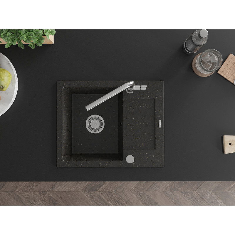 Mexen Enzo гранитна мивка с 1 отделение с отцедник и кухненски смесител Flora, черно/златно металик - 6506-75-670401-00