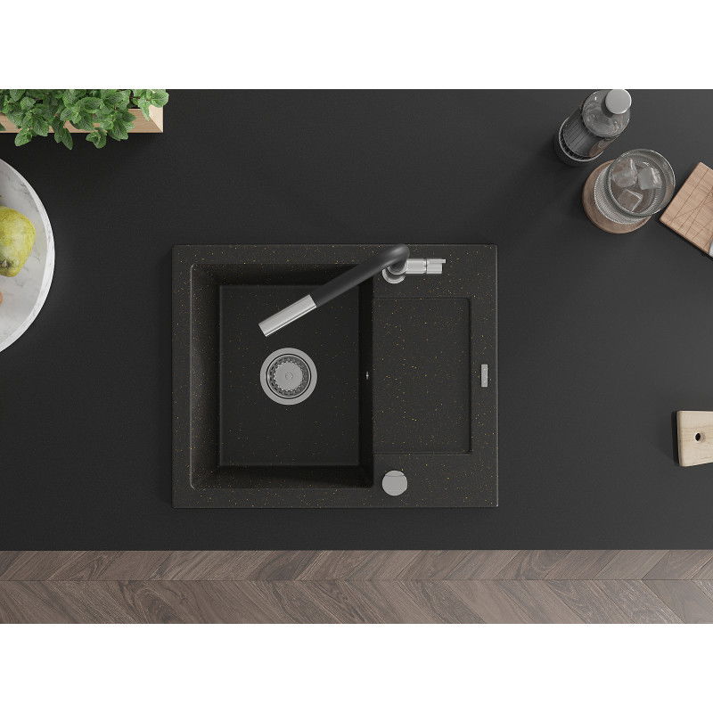 Mexen Enzo мивка от гранит с 1 отделение с отцедник и кухненски смесител Flora, черен/златен металик - 6506-75-670401-07