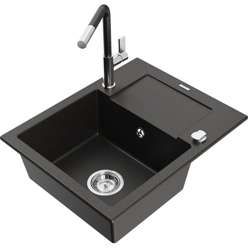 Mexen Enzo мивка от гранит с 1 отделение с отцедник и кухненски смесител Flora, черен/златен металик - 6506-75-670401-07